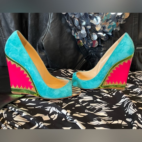 Christian Louboutin Very Prive Suede Wedge 35.5 Vibrant Multicolor - Picture 5 of 9